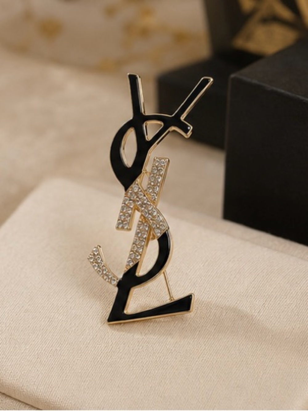Black & Gold-Tone Rhinestone Monogram-Style Brooch – Statement Pin